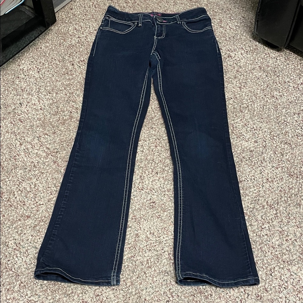 Wrangler dark rinse flare leg jeans with contrast stitch